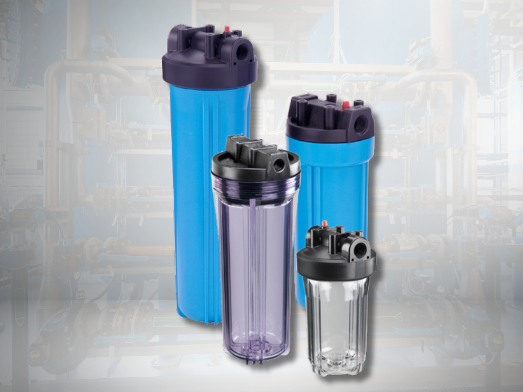 BHF 28 Series plastic filter housings with clear and opaque blue bowls in different sizes