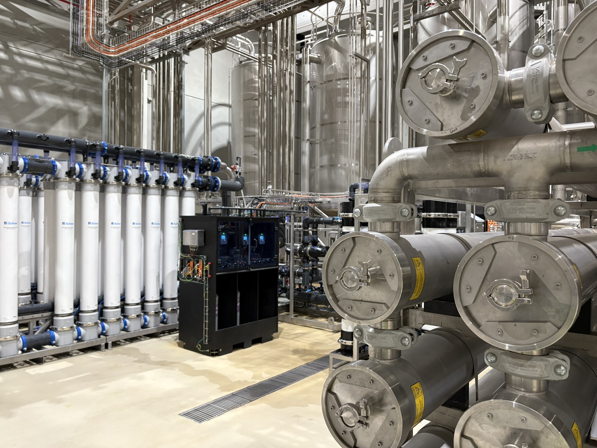 Ultrafiltration modules beside reverse osmosis pressure vessels at the Frucor Suntory water treatment plant